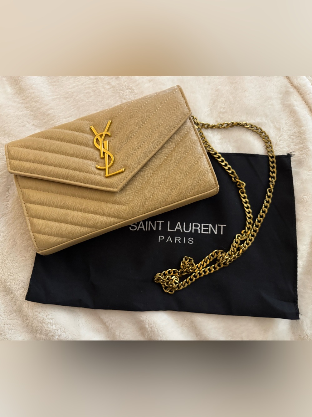 YSL-Style Beige Quilted Chain Crossbody Shoulder Bag w/Dust Bag EUC
